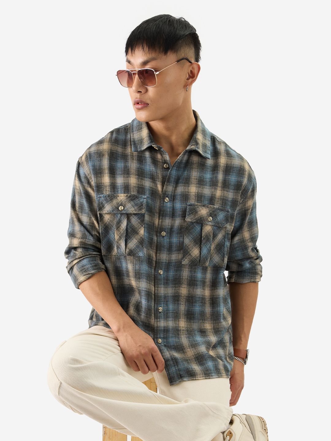 Buy Plaid Stone Blue Men Utility Shirts Online