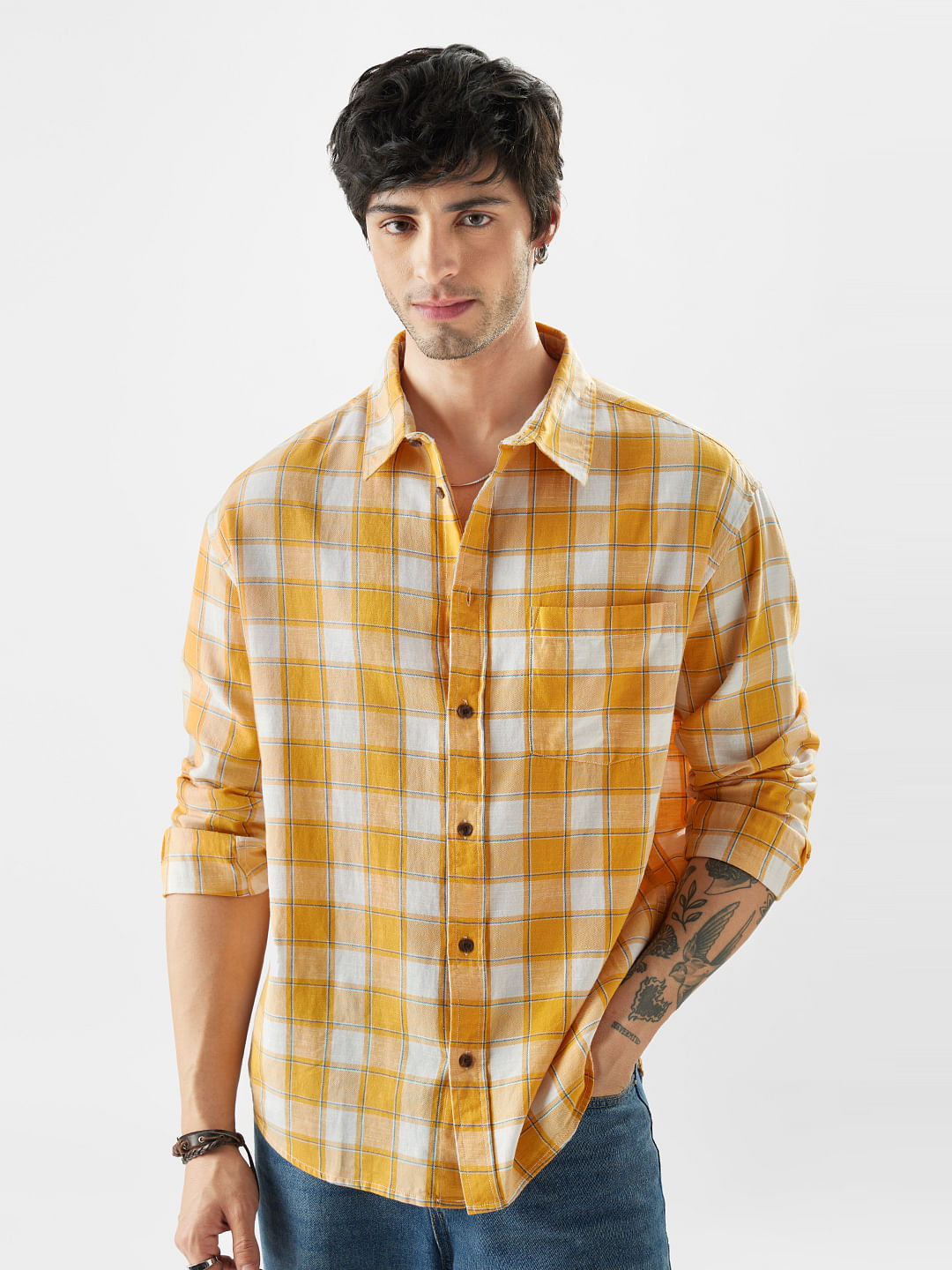 Buy Plaid Amber Gold Men Relaxed Shirts Online