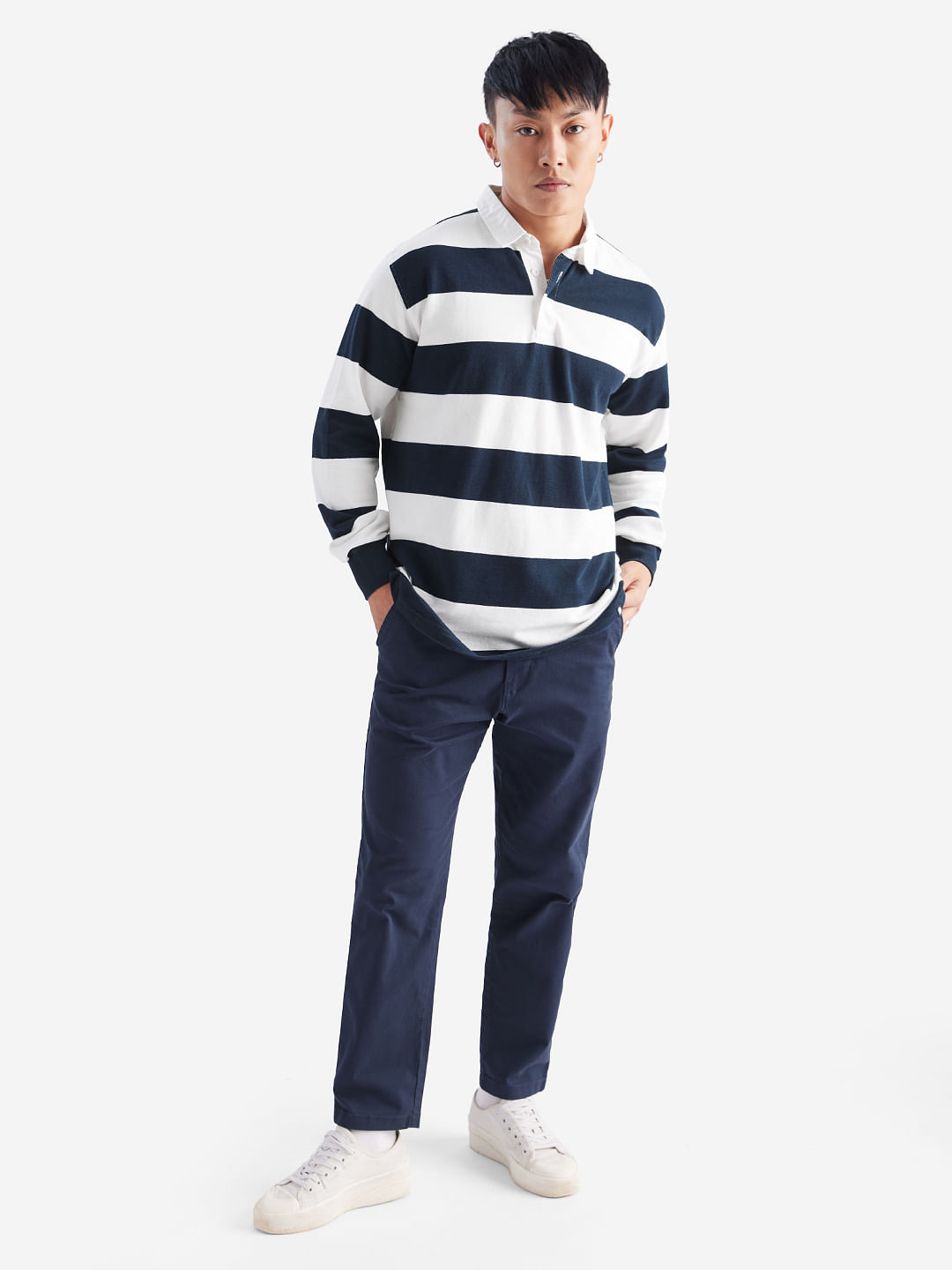 solids navy striped men rugby polos
