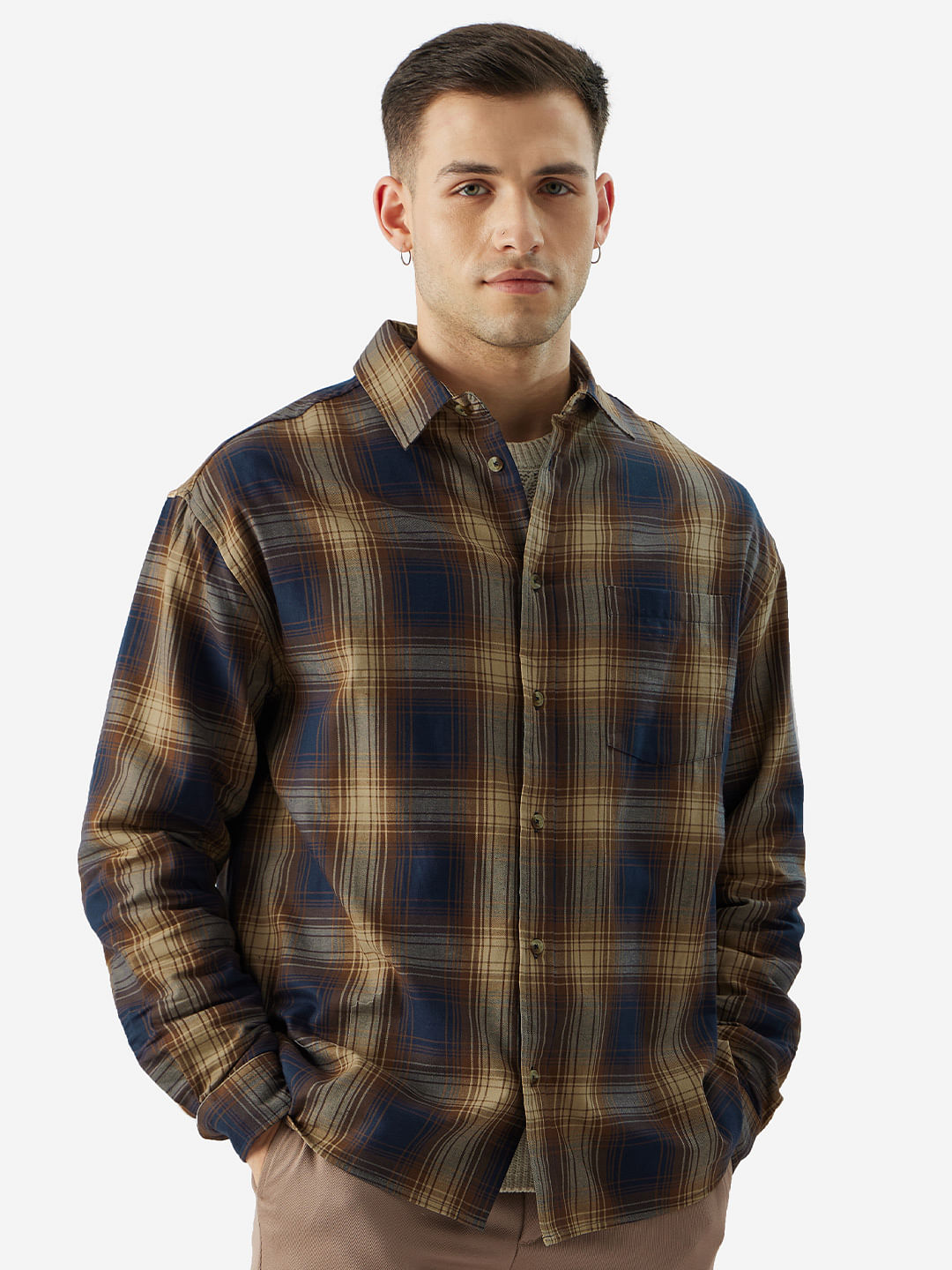 Buy Plaid: Brown & White Men Relaxed Shirts Online
