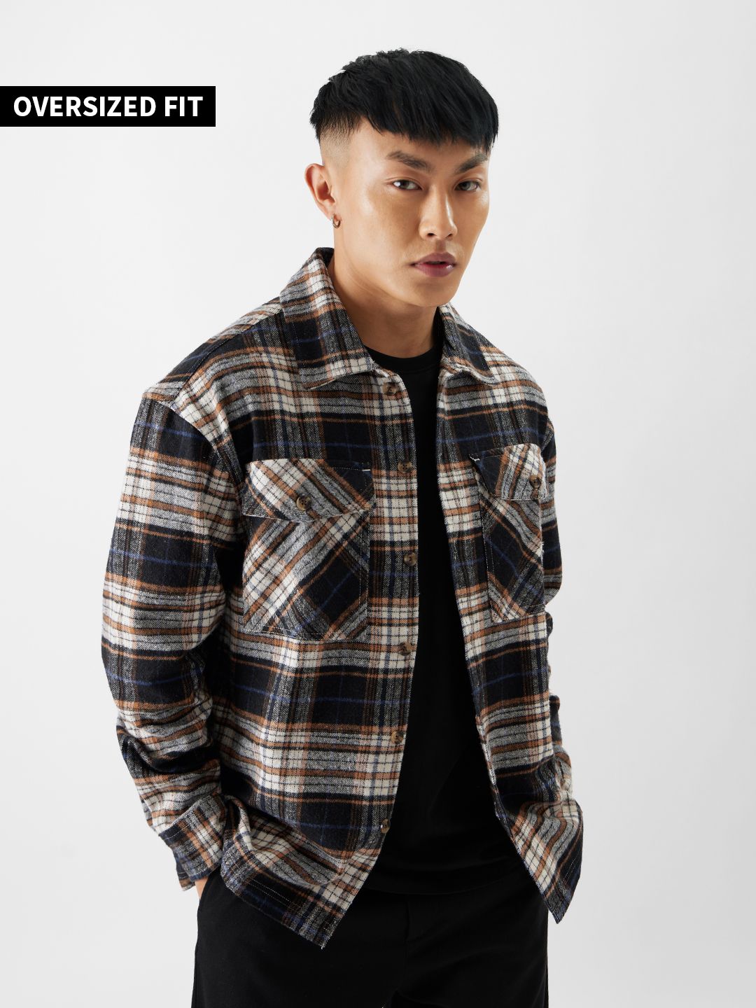 Buy Plaid: Orange, Black and White Mens Button Shacket Online