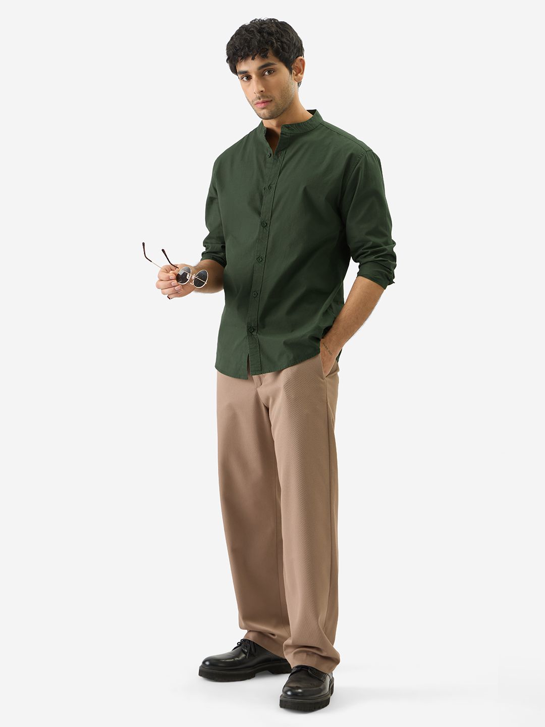 Solids: Olive Green Mandarin Shirts price