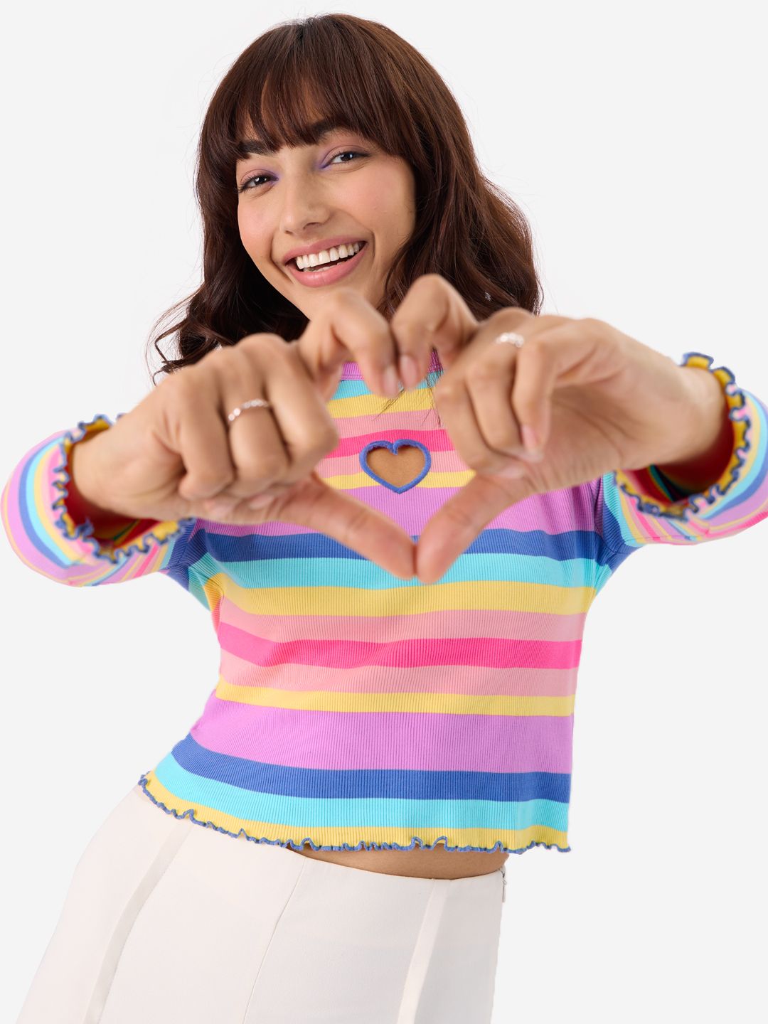 Buy Rainbow Cut-Out Ribbed Top Women Full Sleeves Tops