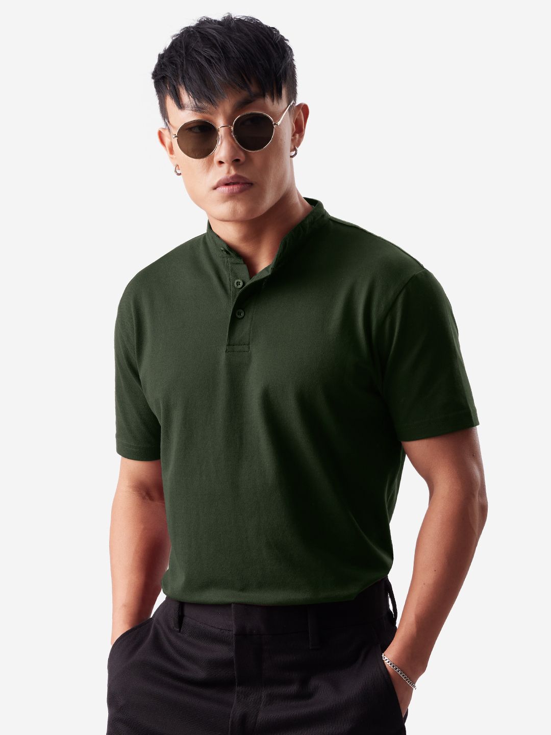 Buy Solids Dark Olive Men Mandarin Polo Online.