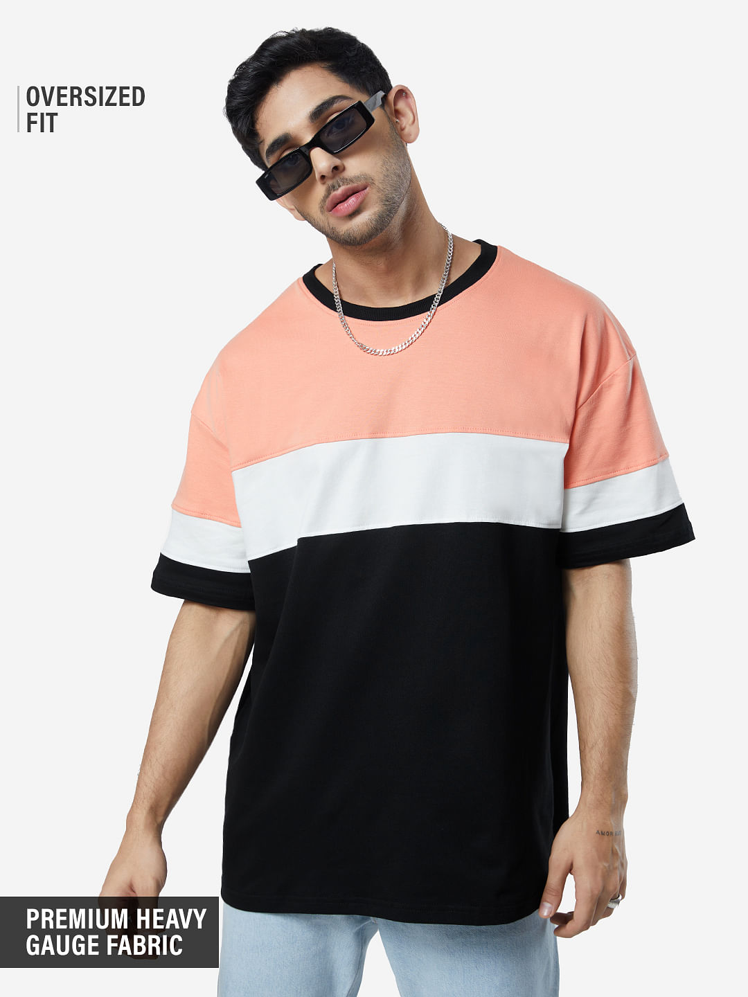 Buy Solids: Peach, Grey, Black Colourblock Oversized T-Shirts