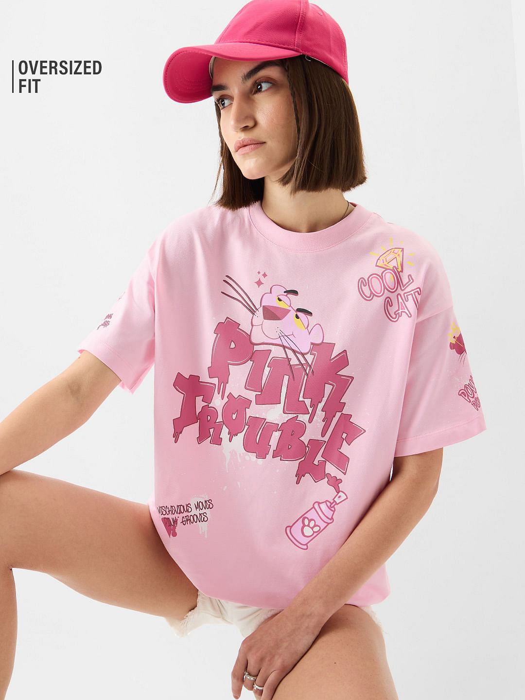 Buy Pink Panther: Pink Trouble Women Oversized T-Shirts Online