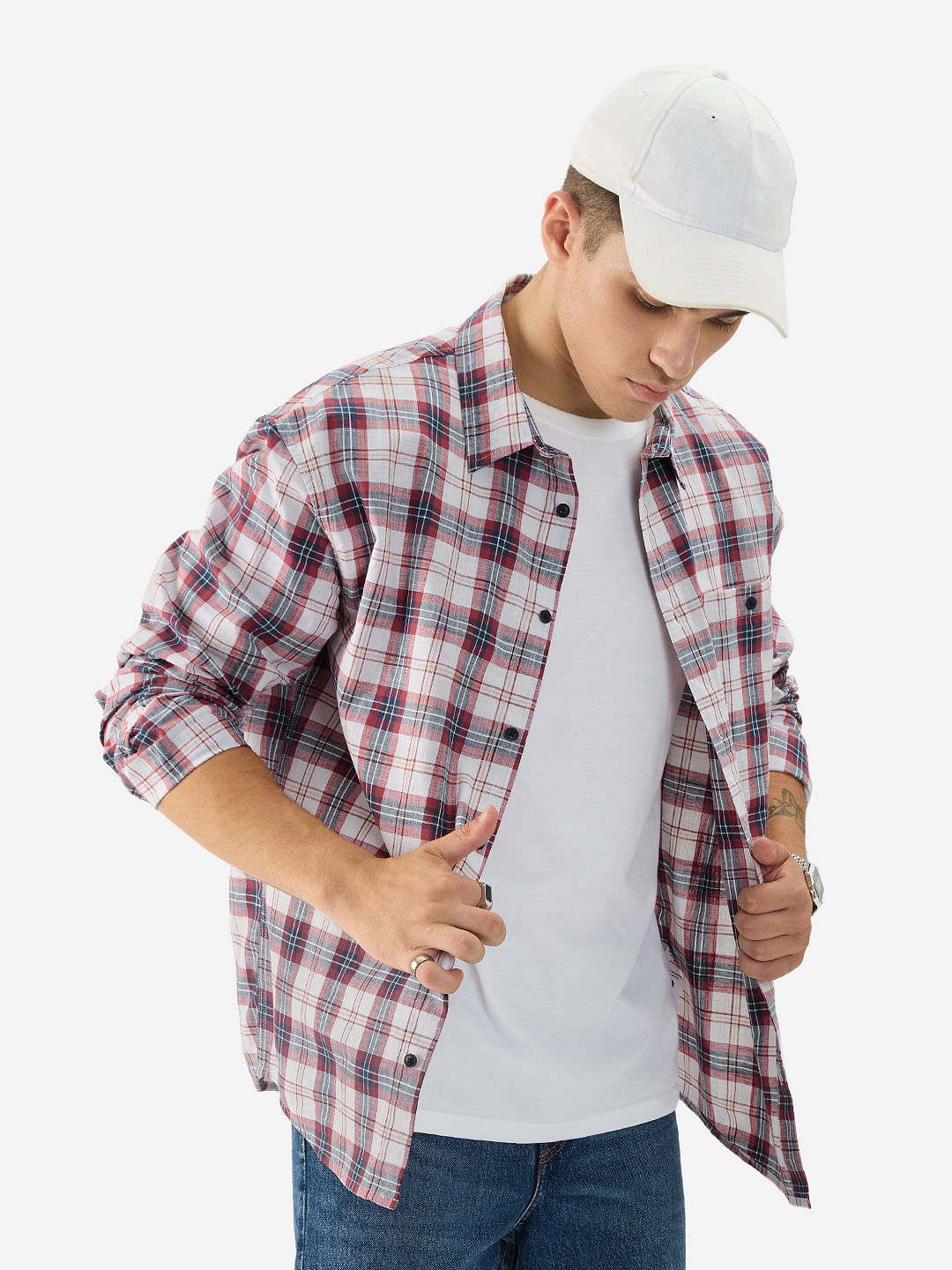 Buy Plaid: Red And White Men's Relaxed Shirts Online