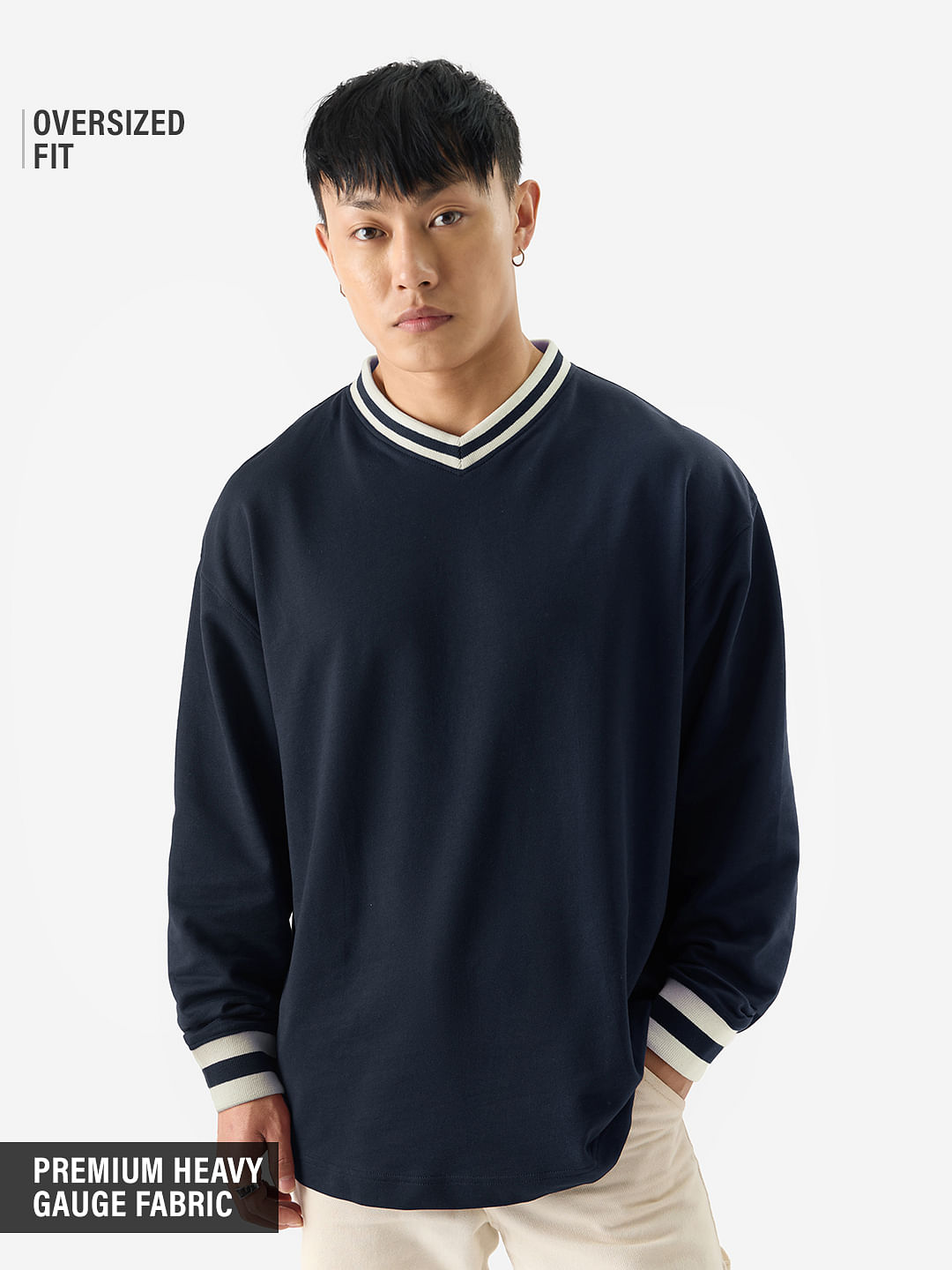 Buy Solids: Navy Oversized Full Sleeve T-Shirts Online