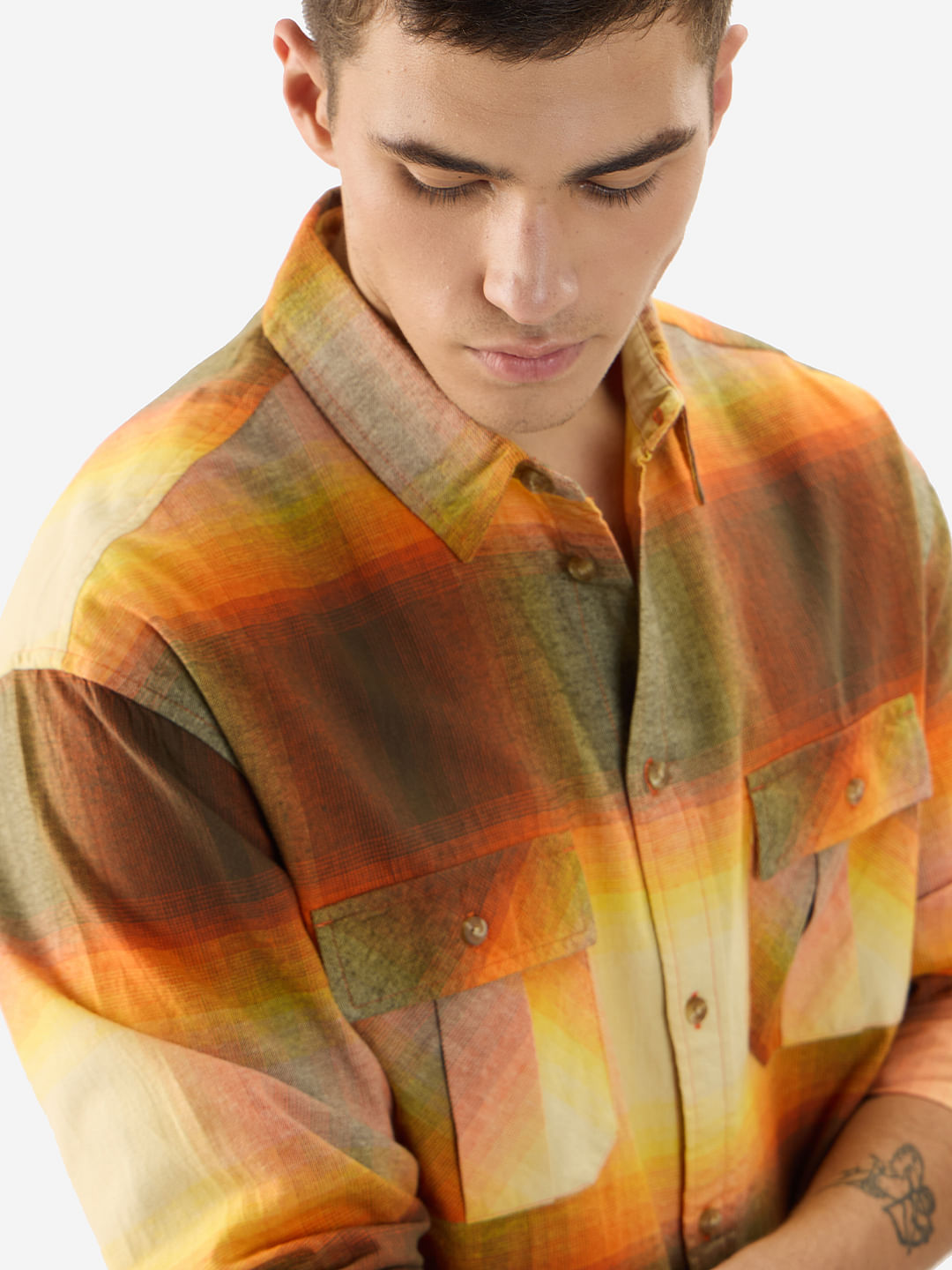 Buy Plaid: Yellow, Green And Orange Men Utility Shirts Online