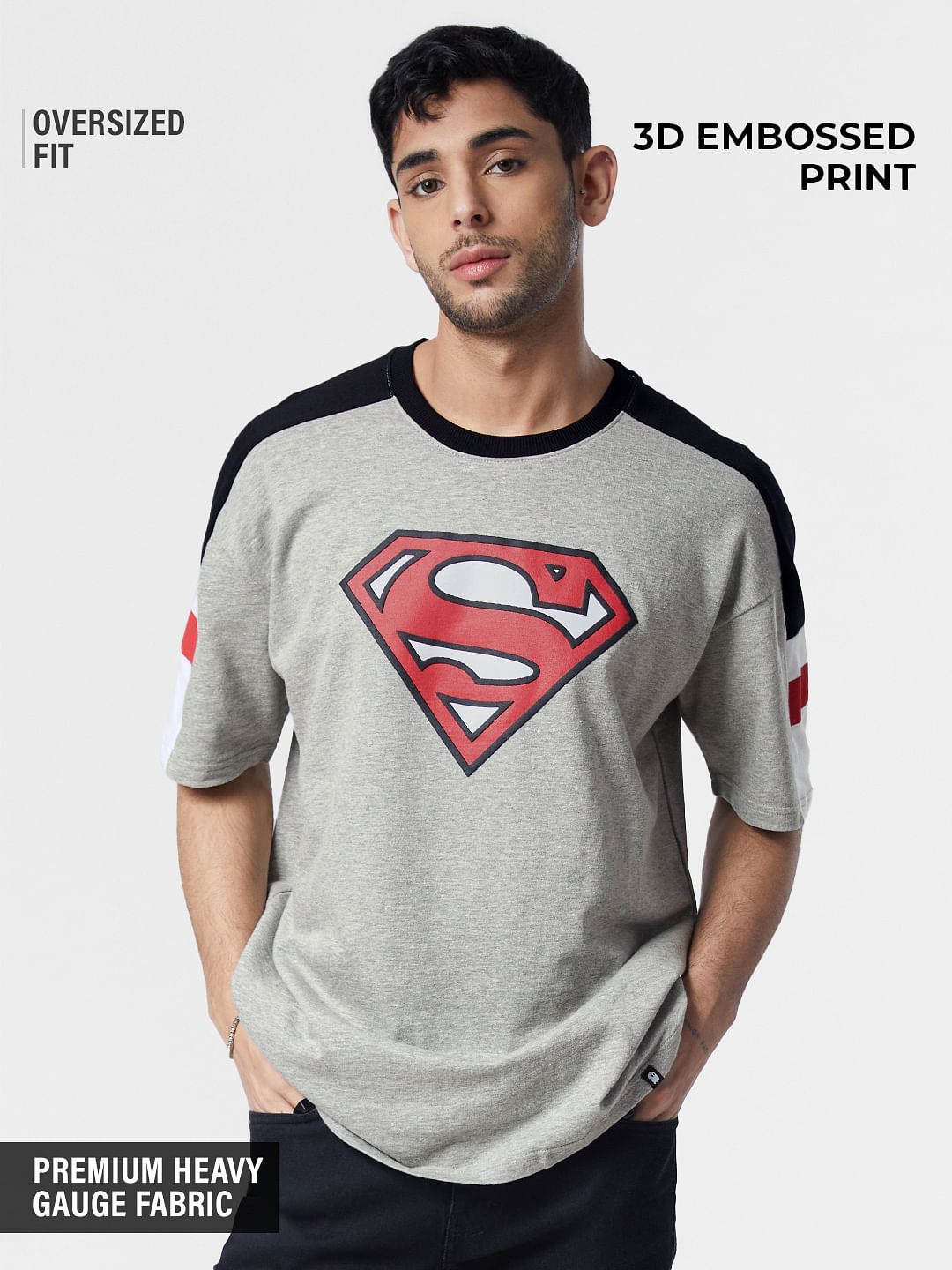 Buy Superman Grey Melange Oversized T Shirts Online