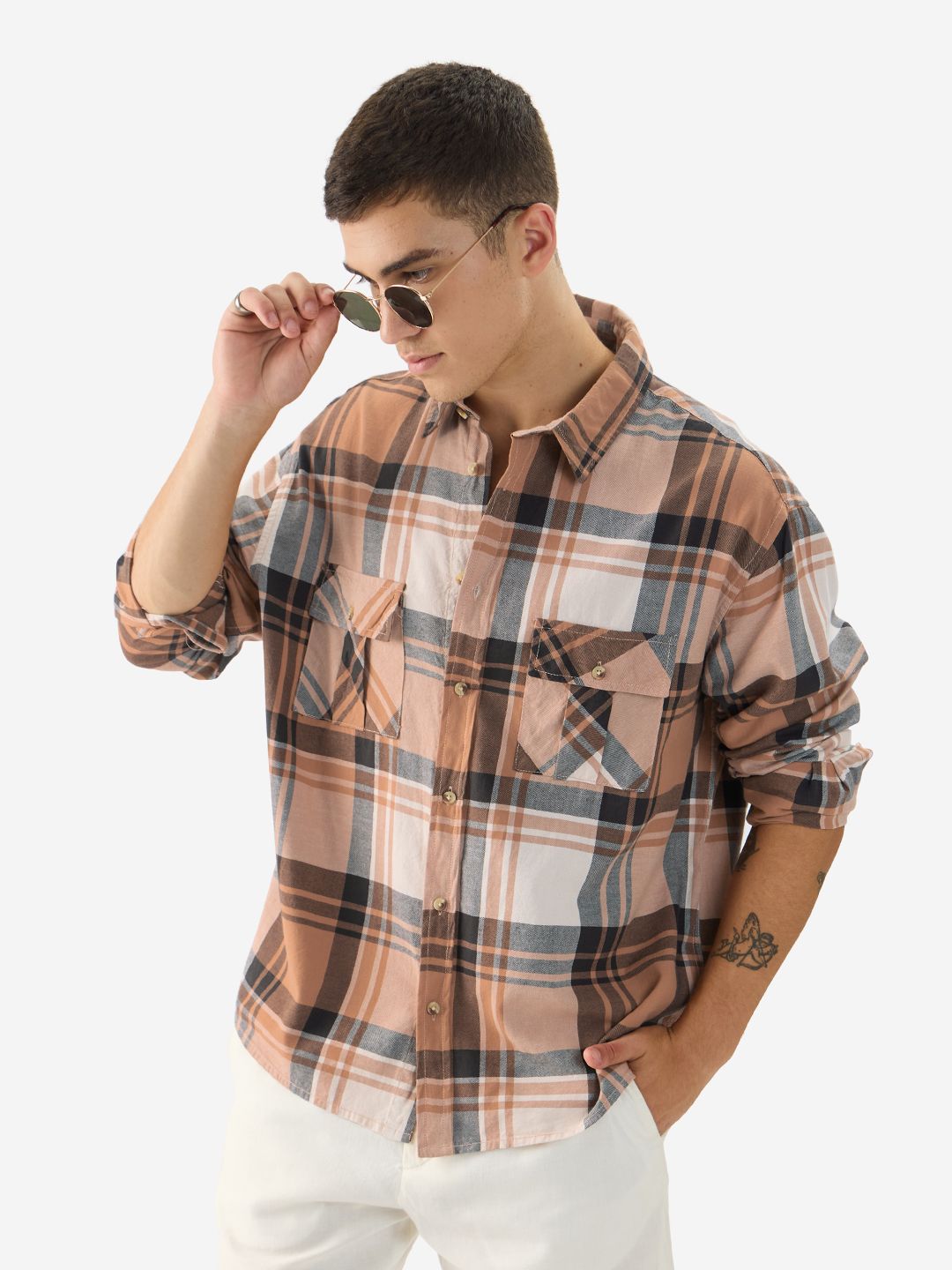 Plaid: Mocha Bisque Men Utility Shirts