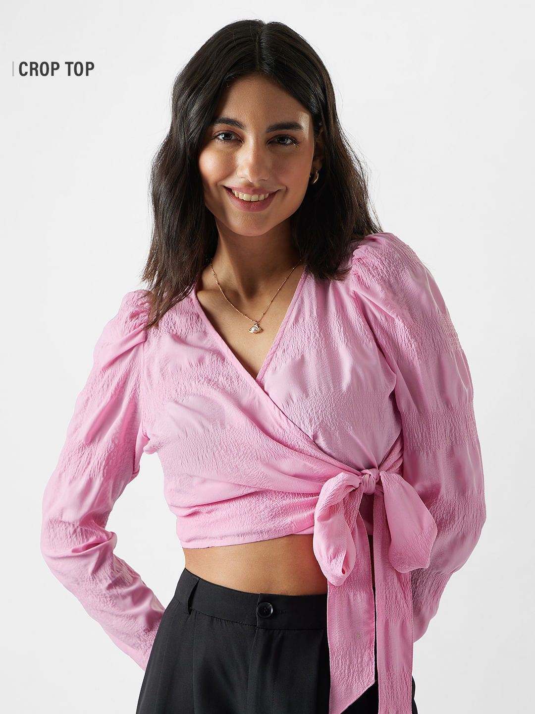Wrap Top: Pink Women Cropped Tops