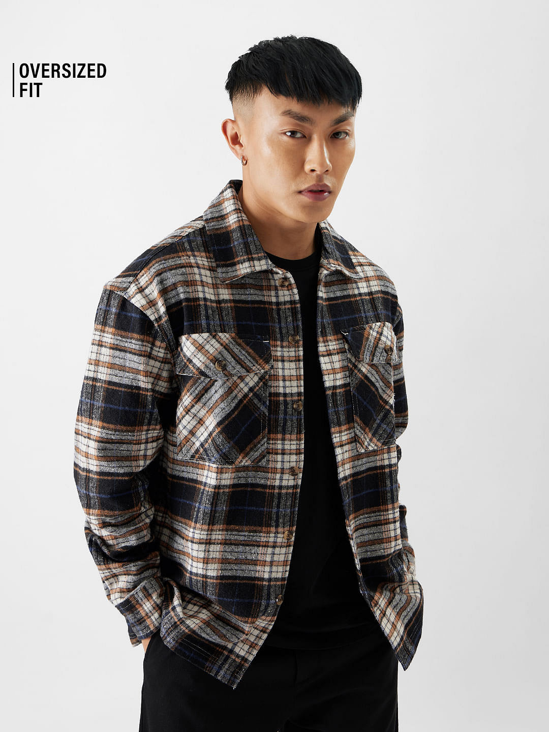 Buy Plaid: Orange, Black and White Mens Button Shacket Online