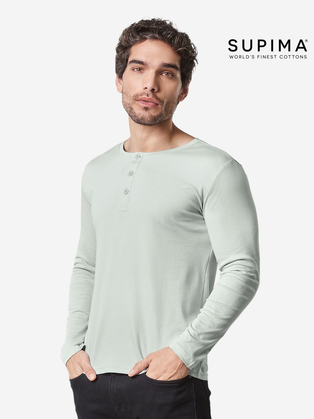 Supima: Frost Grey Supima Full Sleeve Henley T-Shirts