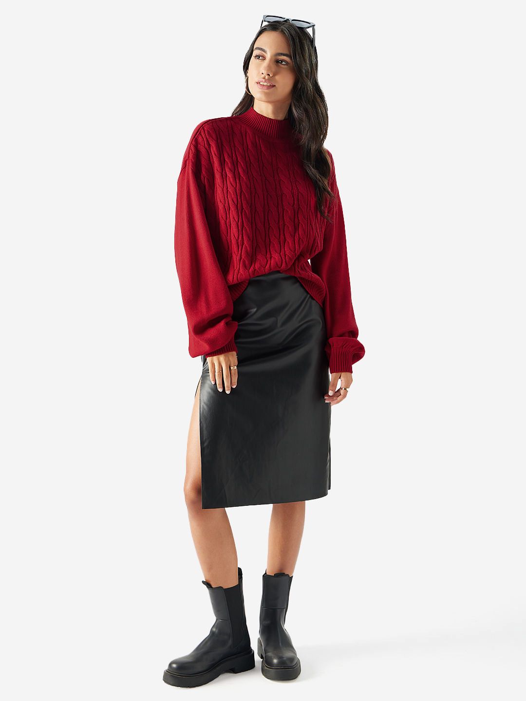 Cable Knit Sweater: Poppy Red Women Oversized Sweaters price