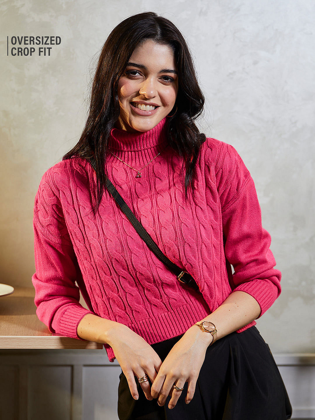 Buy Knitted Sweater Fuschia Pink Women Turtle Neck Sweaters online at The Souled Store