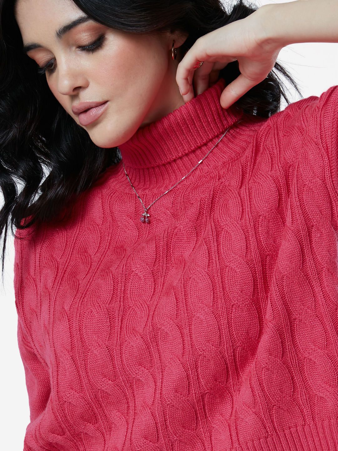 Cable Knit Sweater: Fuchsia Pink Women Turtle Neck Sweaters online