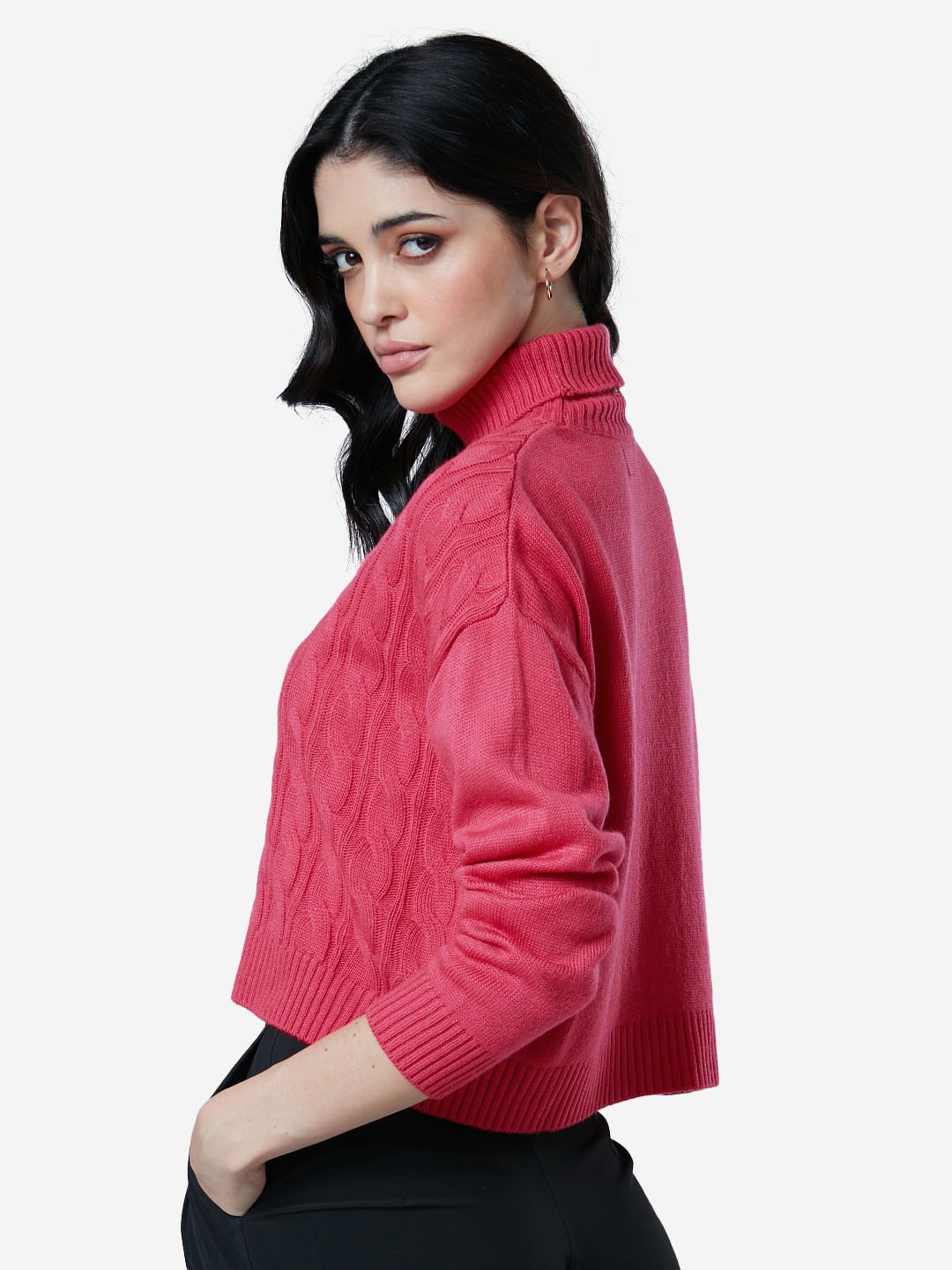 Buy Cable Knit Sweater: Fuchsia Pink Women Turtle Neck Sweaters