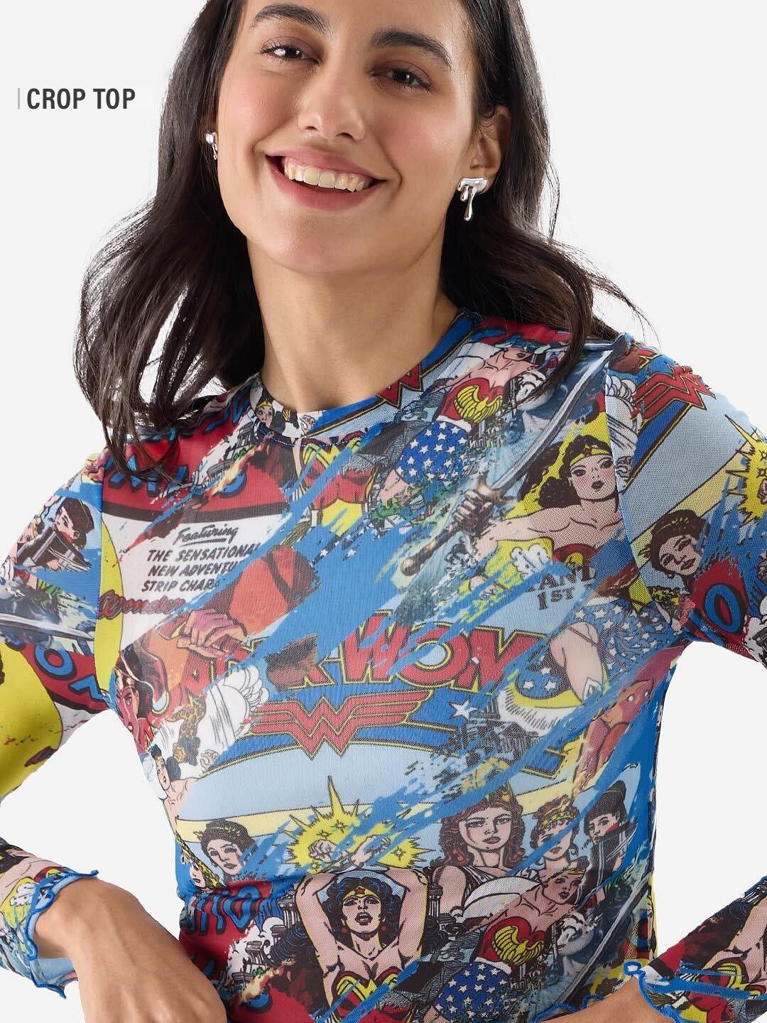 Buy Mesh Top: Wonder Woman Comic Pattern Women Cropped Tops online at ...