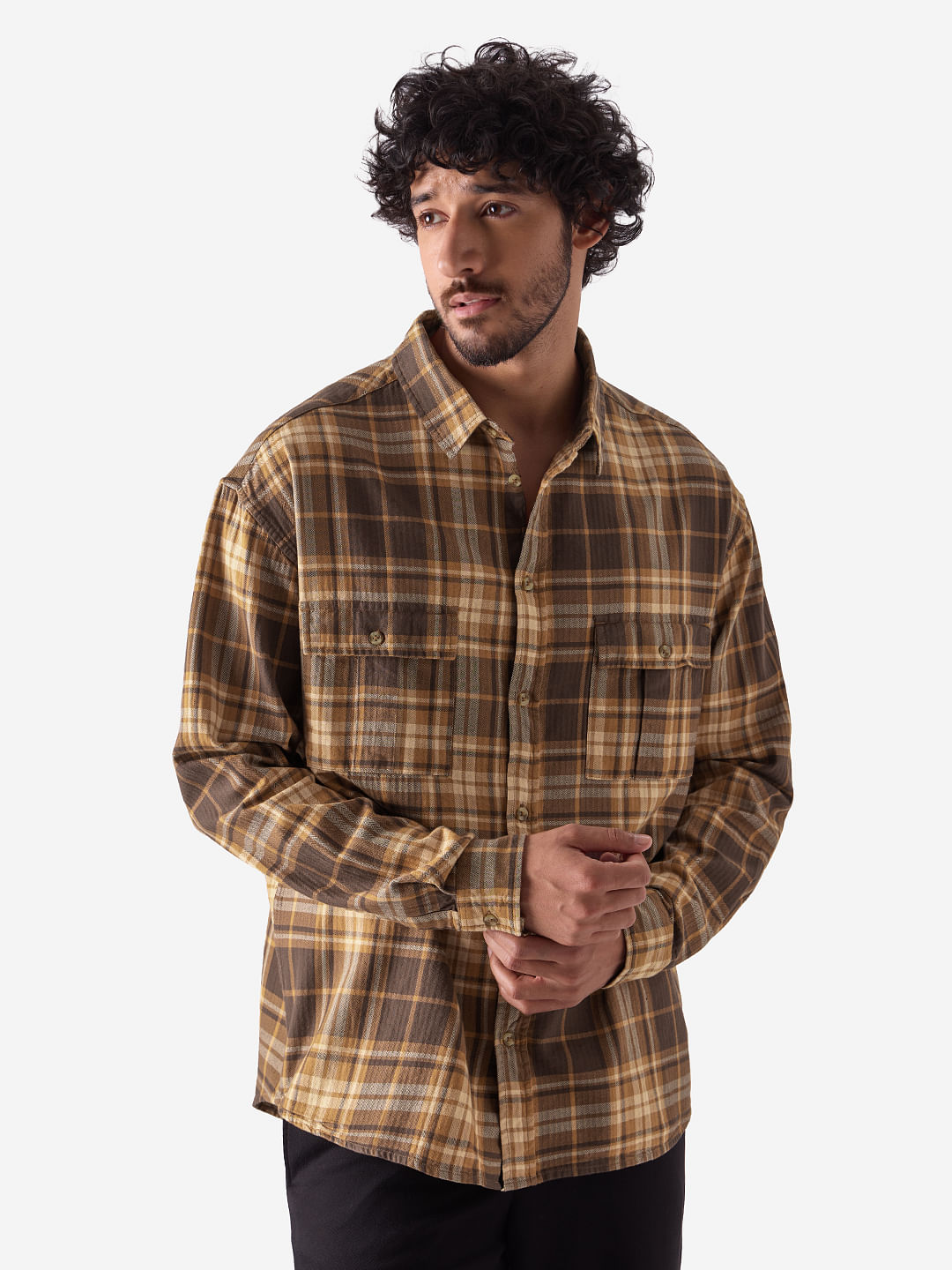 Buy Plaid Brown Cashew Men Utility Shirts Online