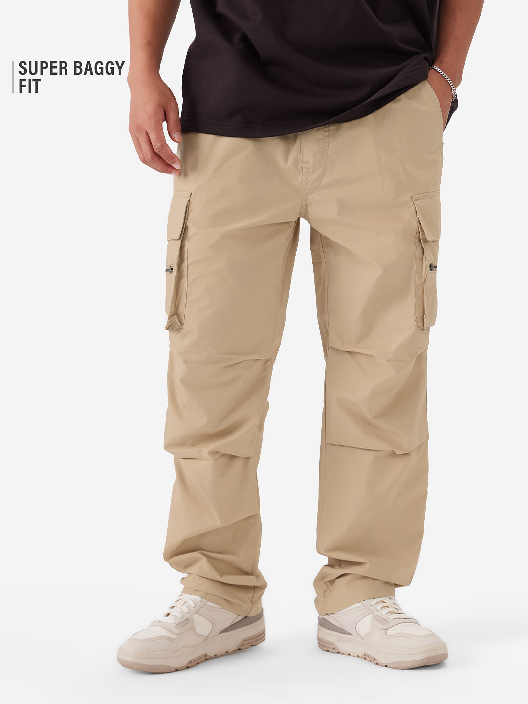 Buy Solids: Creamy Beige Men Parachute Pants Online