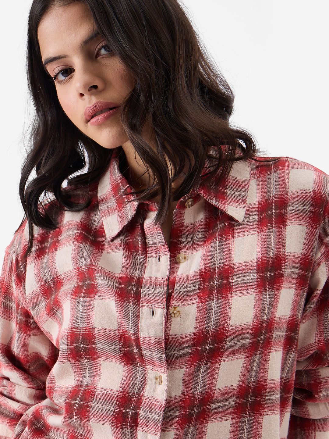 Plaid: Red, Brown and Cream Women Boyfriend Shirts online