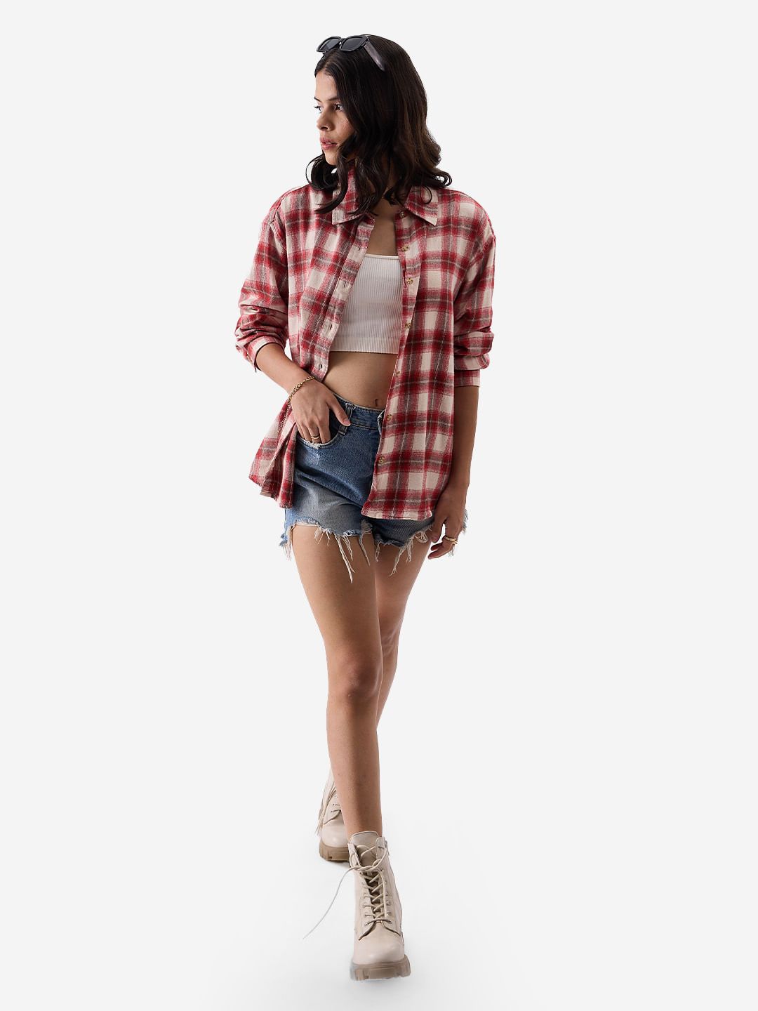 Buy Plaid: Red, Brown and Cream Women Boyfriend Shirts