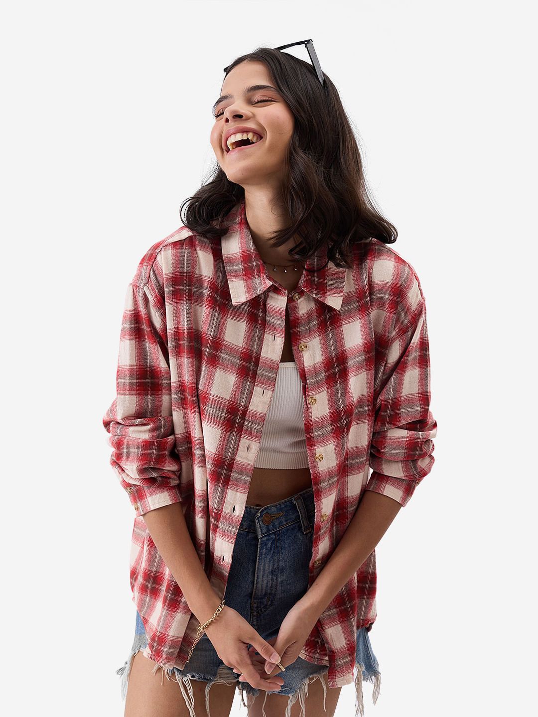 Plaid: Red, Brown and Cream Women Boyfriend Shirts price