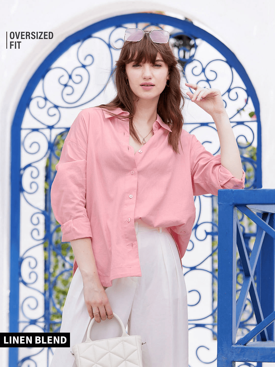 Cotton Linen Shirt: Pink Women Boyfriend Shirts Online
