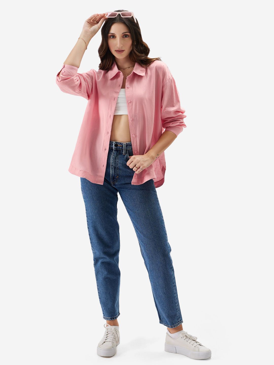 Cotton Linen Shirt: Pink Women Boyfriend Shirts online