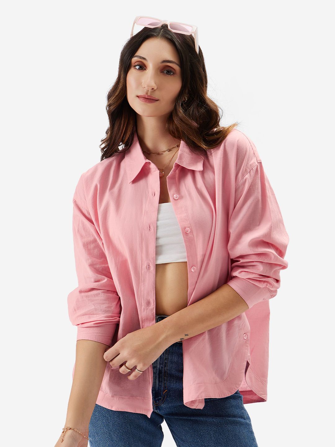 Cotton Linen Shirt: Pink Women Boyfriend Shirts price