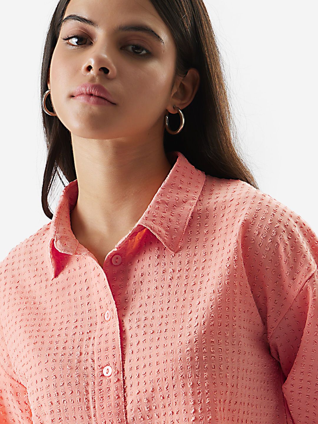 Textured Shirt: Peach Women Boxy Fit Shirts online