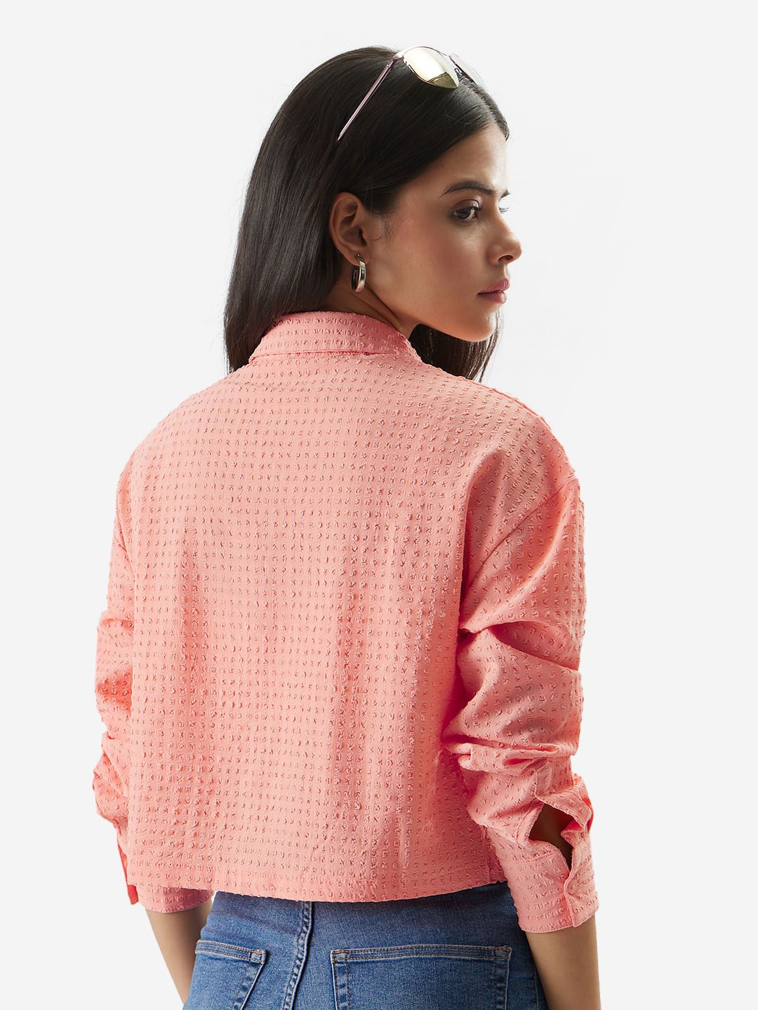 Buy Textured Shirt: Peach Women Boxy Fit Shirts