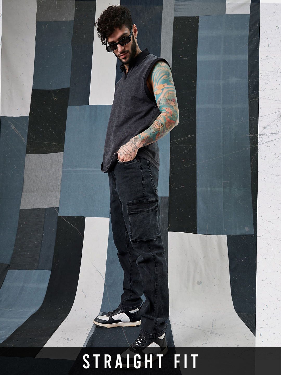 Solids: Black Cloud Wash (Straight Fit) Men Cargo Jeans