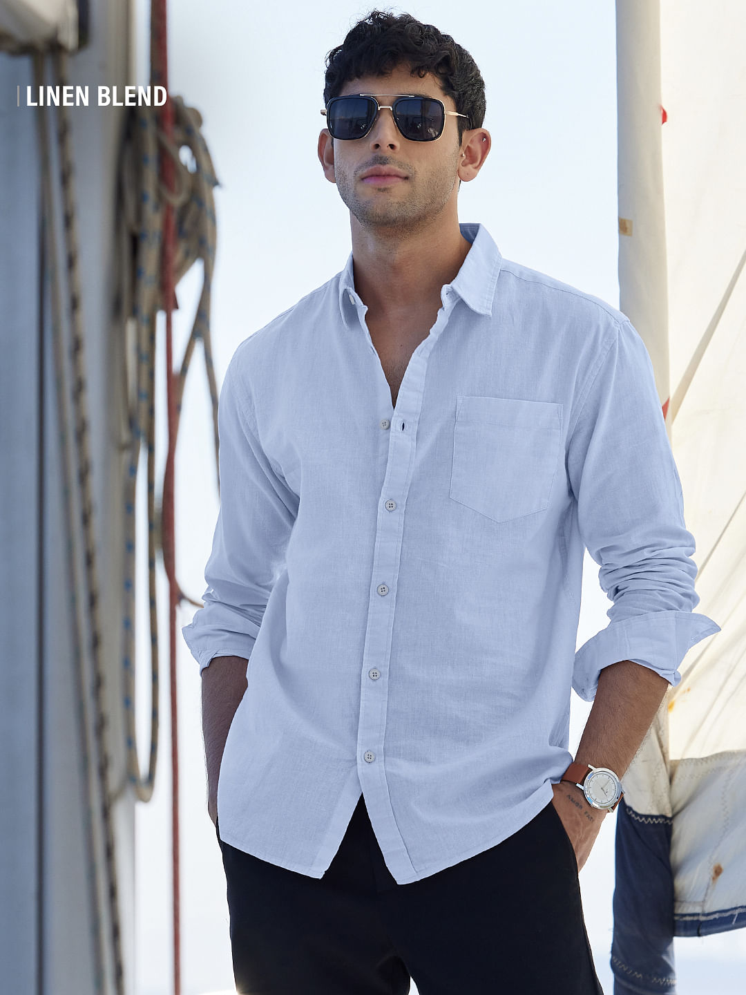 Buy Solids: Sky Blue Cotton Linen Shirts Online