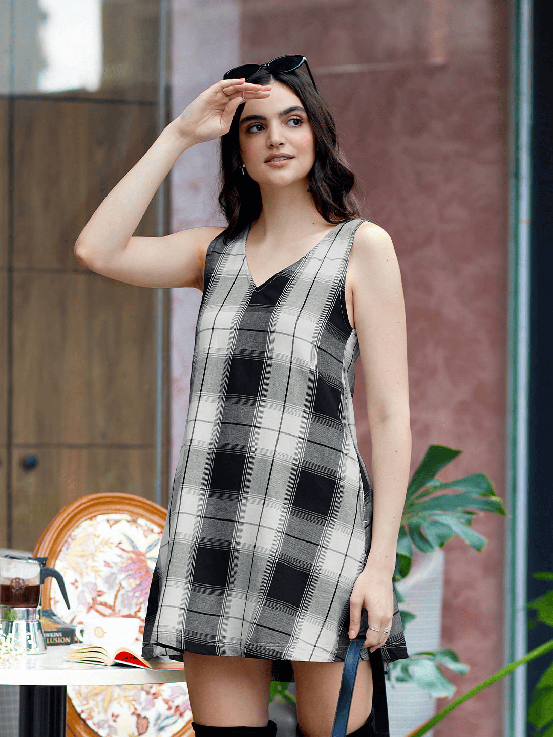 Sheer Plaid pocket dress