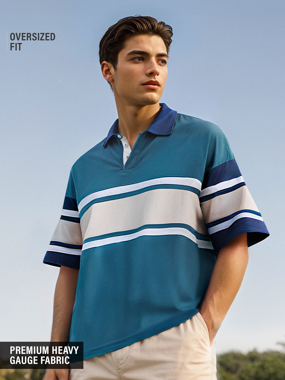 Buy Solids Ocean Blue Colourblock Oversized Polo Online