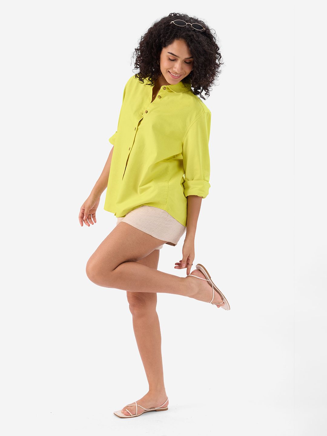 Cotton Linen Shirt: Lime Green Women Shirts price