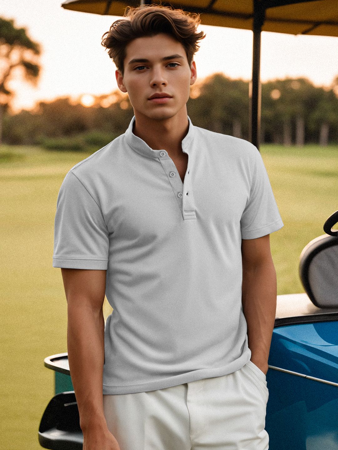 Buy Solids Light Grey Men Mandarin Polo Online.
