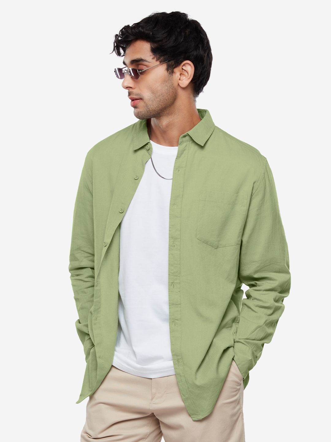 Pistachio Calm Front High Low Hem Cotton Linen Shirt (only shirt)