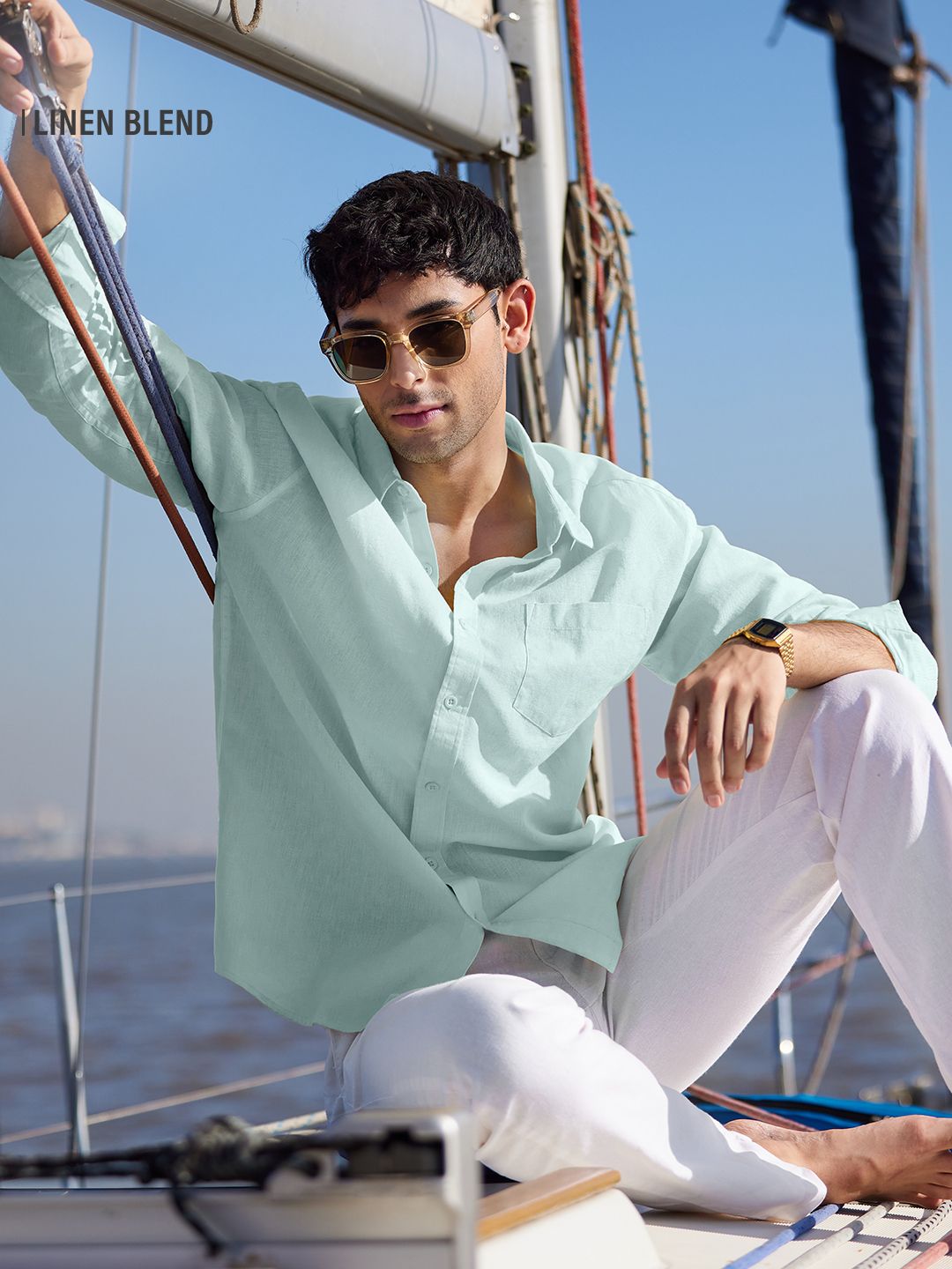 Cotton Linen: Ocean Blue Cotton Linen Shirts Online