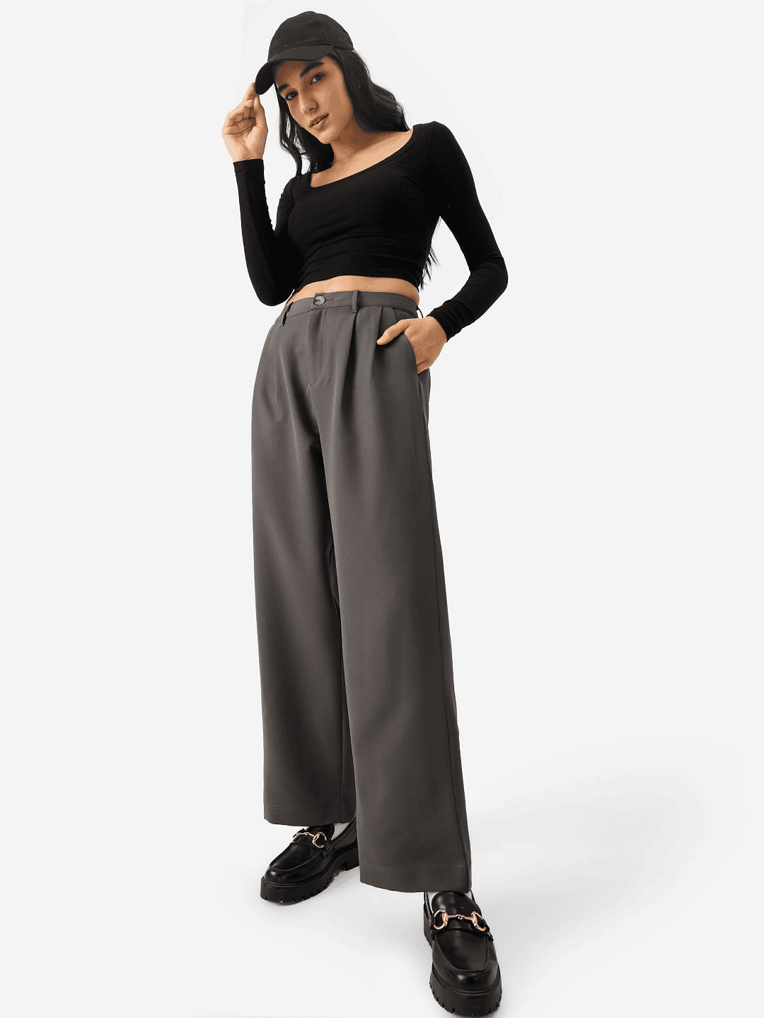Women Steel Grey Side Dori Comfort Fit Korean Pants