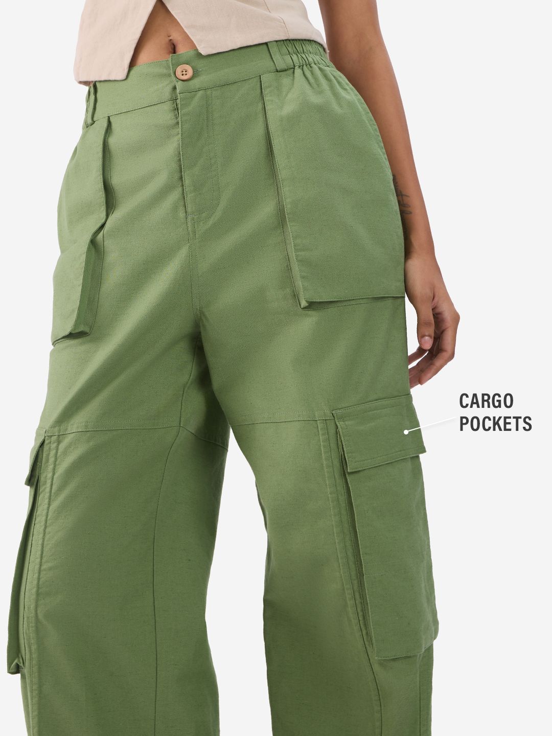 Cotton Linen Pants: Elm Green Women Cargo Pants online