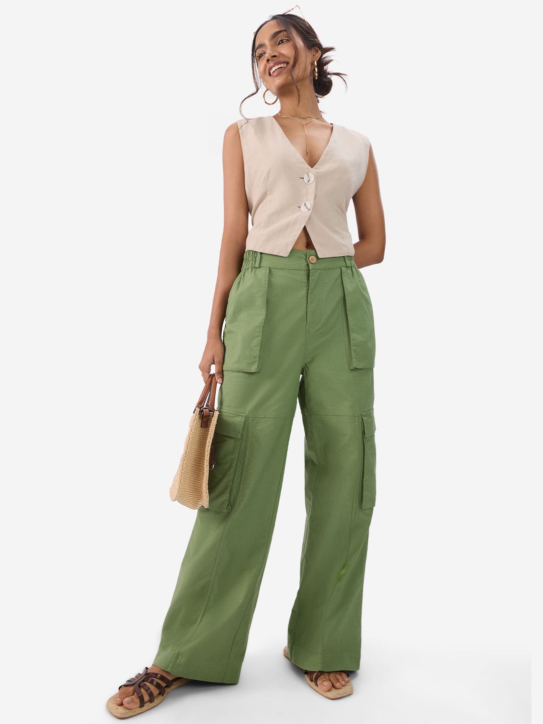 Cotton Linen Pants: Elm Green Women Cargo Pants price