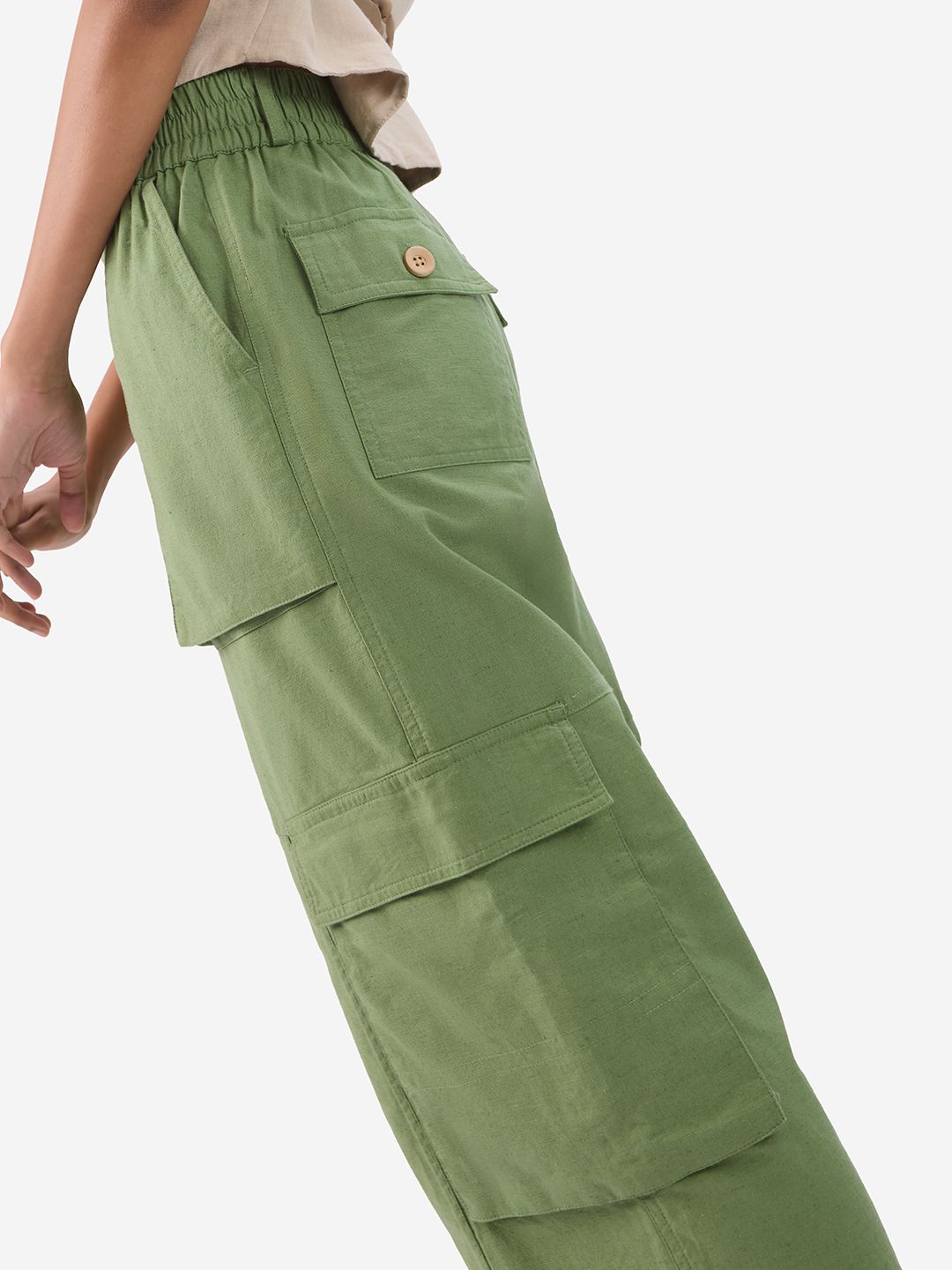 Buy Cotton Linen Pants: Elm Green Women Cargo Pants