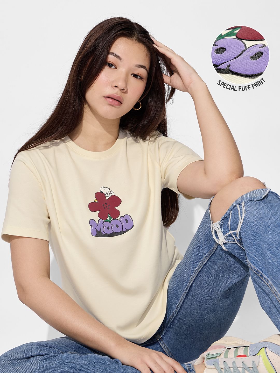 Buy Peanuts: Mood Women Relaxed Fit T-shirts Online