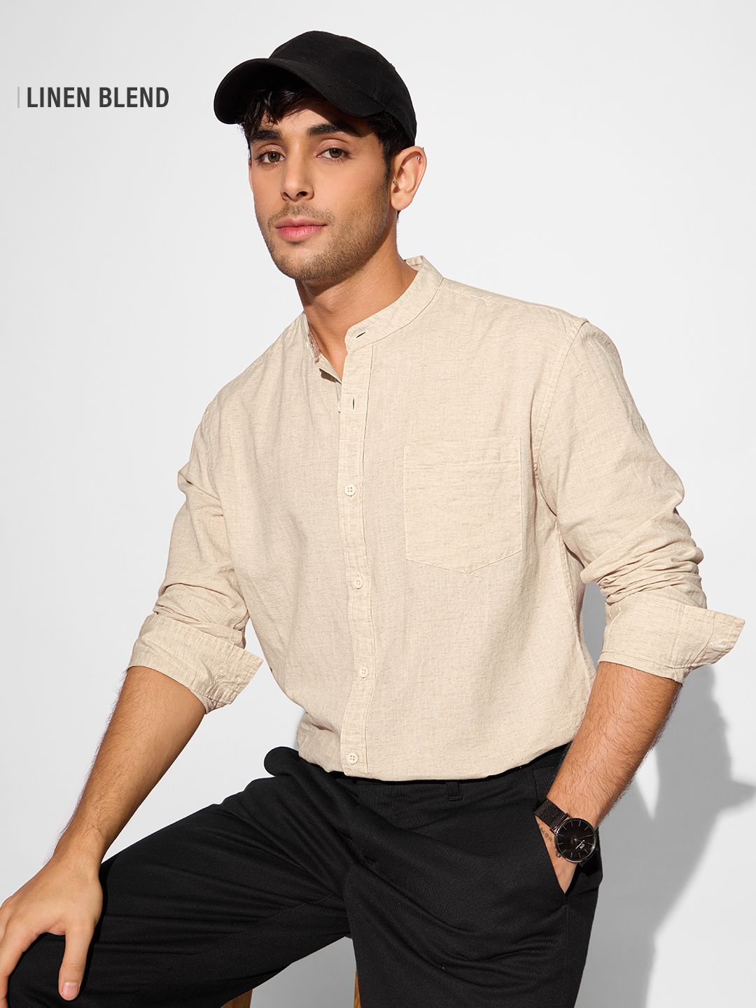 Cotton Linen: Ecru Beige Cotton Linen Shirts