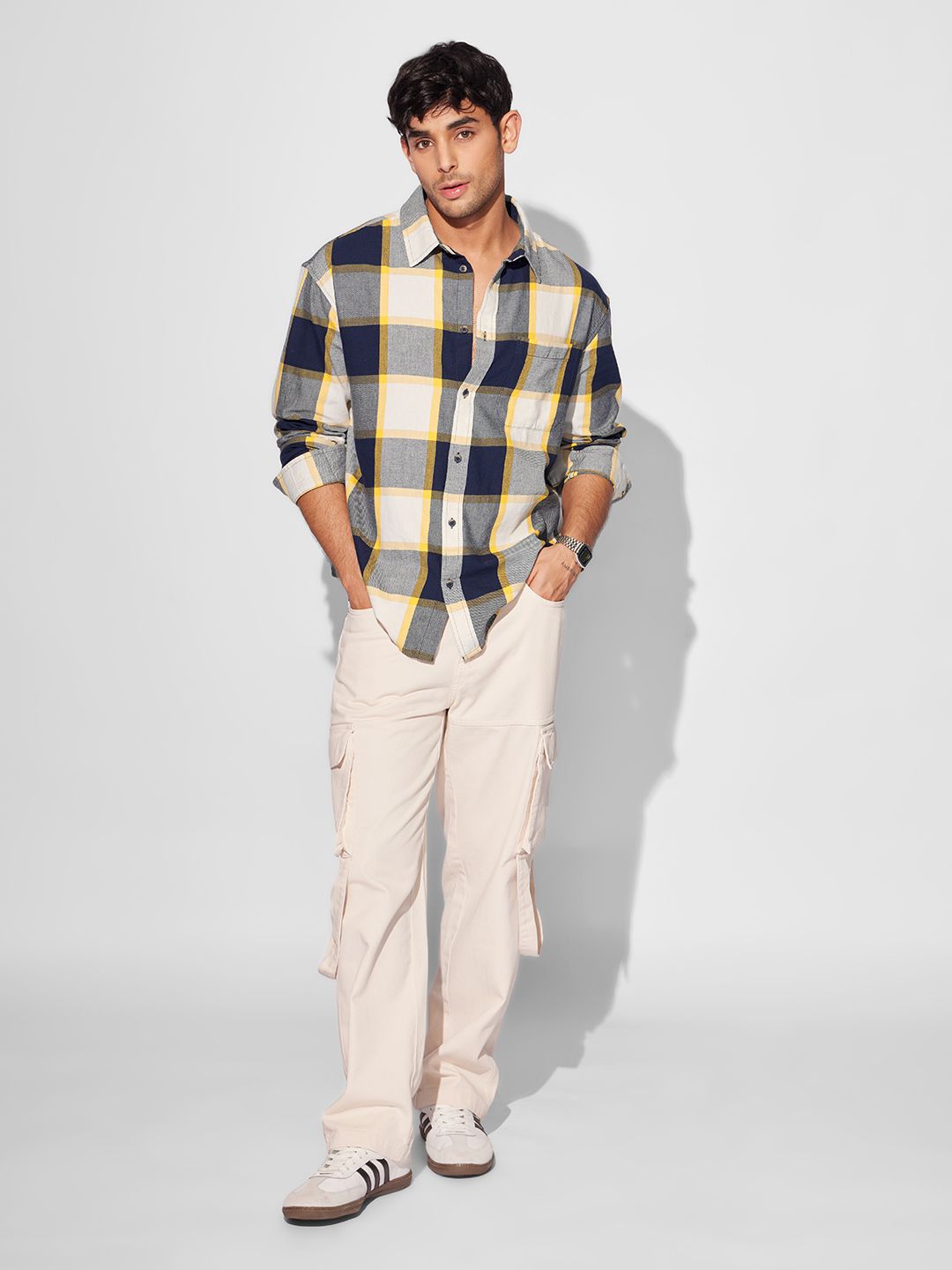 Plaid: Navy, Beige Men Relaxed Shirts price