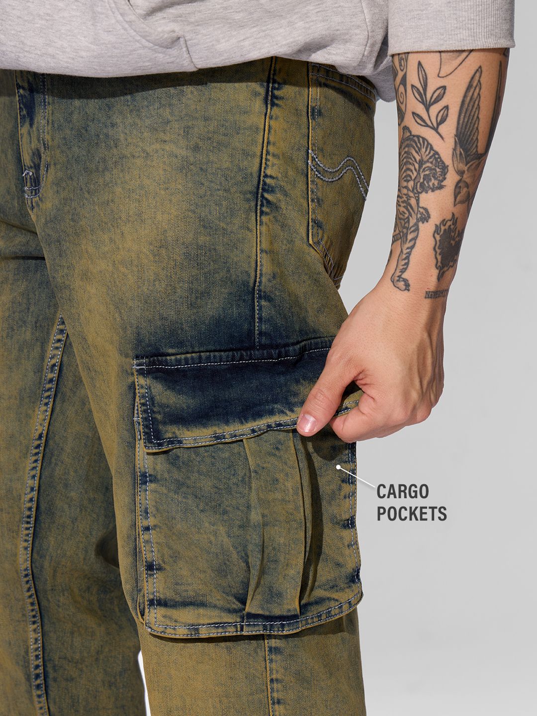 Denim: Washed Green (Straight Fit) Men Cargo Jeans online