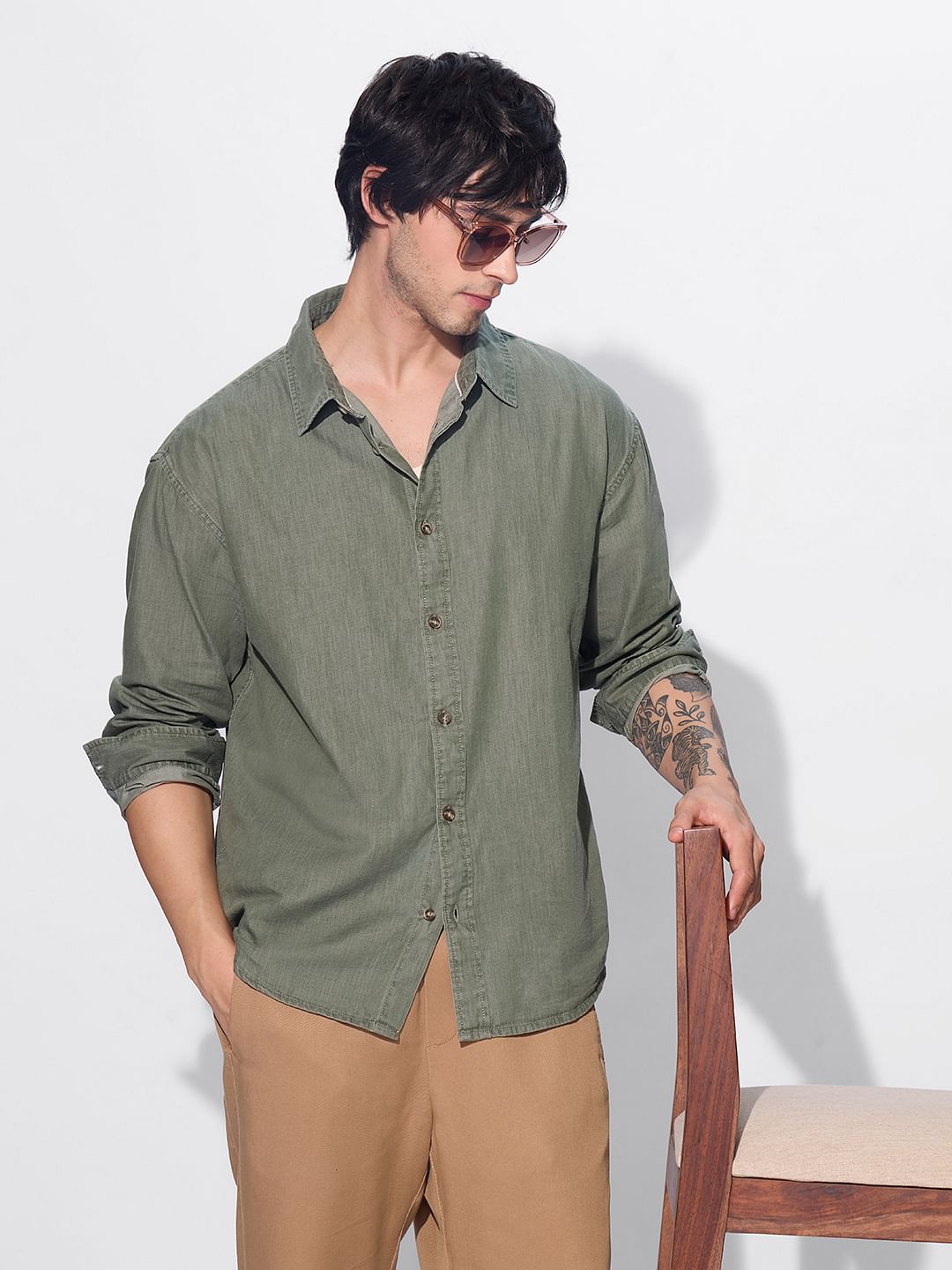 Buy Solids: Faded Green Men Relaxed Shirts Online